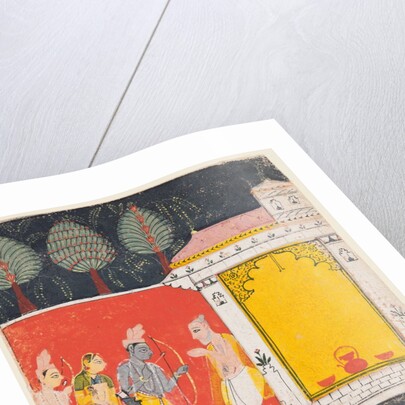 A page from a Ramayana: A night scene of Rama, Lakshman and Sita before the rishi…, c. 1650 by Unknown
