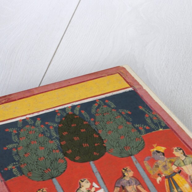 A page from a Rasikapriya series: Krishna and Radha and the Sakhis with musical instruments, c. 1650 by Unknown