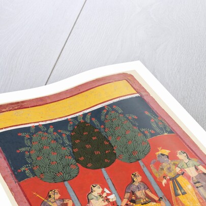 A page from a Rasikapriya series: Krishna and Radha and the Sakhis with musical instruments, c. 1650 by Unknown