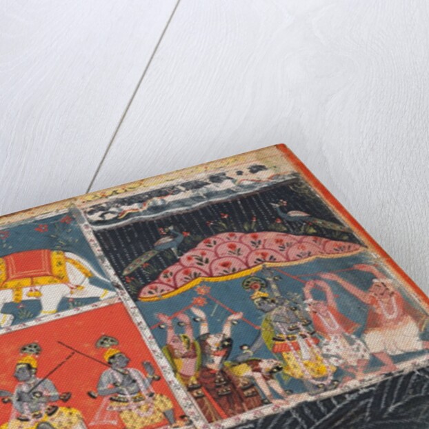 A page from the Bhagavata Purana: Indra sends a torrent of rain; Krishna lifts Mt. Govardhana, 1686 by Unknown