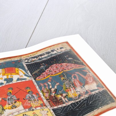 A page from the Bhagavata Purana: Indra sends a torrent of rain; Krishna lifts Mt. Govardhana, 1686 by Unknown