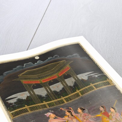 A prince celebrating Holi with palace women on a terrace at night; verso: calligraphy of a quatrain, by Unknown