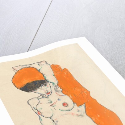 Standing Nude with Orange Drapery: Study of Nude with Arms Raised, 1914 by Egon Schiele
