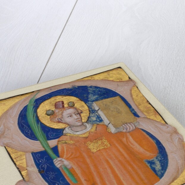 Manuscript Illumination with Saint Stephen in an Initial S, from an Antiphonary, ca. 1410-20 by Master of the Brussels Initials