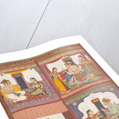 Four Love Scenes and a Landscape: Page from a Dispersed Raskapriya, ca. 1700 by Unknown