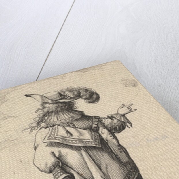 A gentleman wearing a plumed hat and carrying a sword, seen from behind, his right arm out…, 1629 by Abraham Bosse