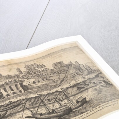 Plate 21: view from the west of ruins of the Aventine Hill, Rome, with boats on the river …, 1606 by Aegidius Sadeler II