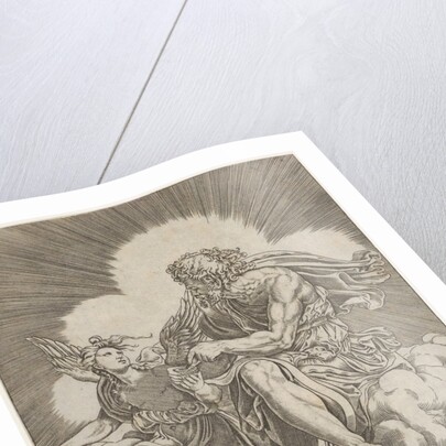 St. Matthew, seated on a cloud and dipping a quill into an inkwell held by an angel…, ca. 1518-20 by Agostino Veneziano