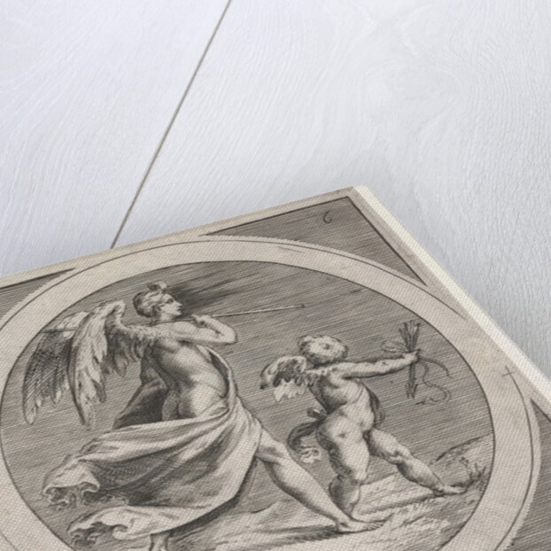 Winged female figure, draped and carrying a staff, striding behind a winged putto…, ca. 1550-1600 by Unknown
