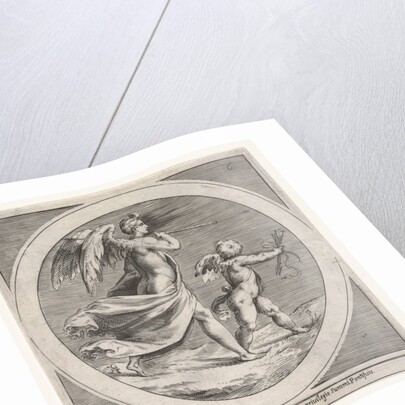 Winged female figure, draped and carrying a staff, striding behind a winged putto…, ca. 1550-1600 by Unknown