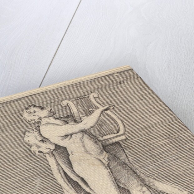 Hercules playing a lyre, a lionskin draped over his shoulder, published ca. 1599-1622 by Unknown