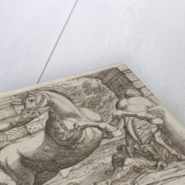 Hercules and the Mares of Diomedes: Hercules grasps the bridle of a rearing horse, a secon…, 1608 by Antonio Tempesta