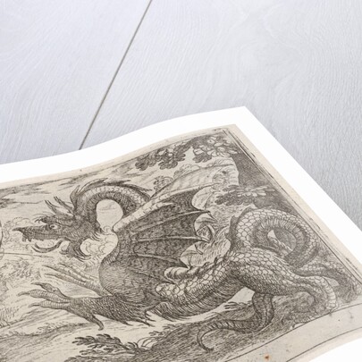 Hercules and the Serpent Ladon: Hercules draws his bow, the rearing serpent appears in pro…, 1608 by Antonio Tempesta