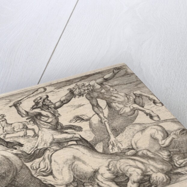 Hercules and the Centaurs: Hercules holds the head of a centaur with his left hand and rai…, 1608 by Antonio Tempesta