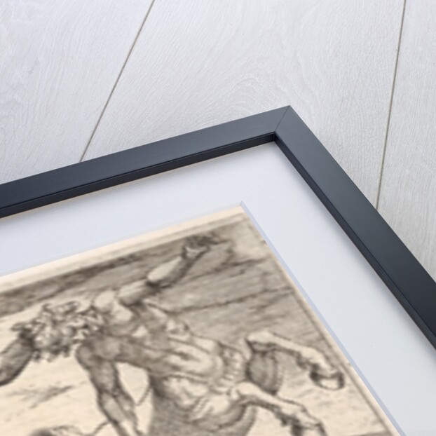 Hercules and the Centaurs: Hercules holds the head of a centaur with his left hand and rai…, 1608 by Antonio Tempesta