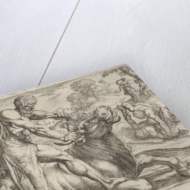 Hercules and Achelous: at center Hercules grasps the horns of a bull while pressing his ri…, 1608 by Antonio Tempesta