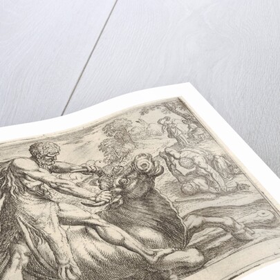 Hercules and Achelous: at center Hercules grasps the horns of a bull while pressing his ri…, 1608 by Antonio Tempesta