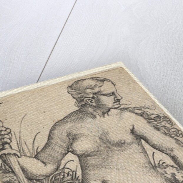 Judith, looking towards the right, seated nude atop the dead body of Holofernes, with a sw…, 1525 by Barthel Beham