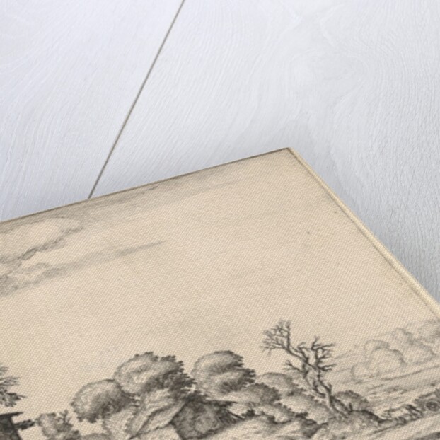 Landscape with peasant dwellings and a man leading a horse in the left foreground, from a …, 1638 by Ercole Bazicaluva