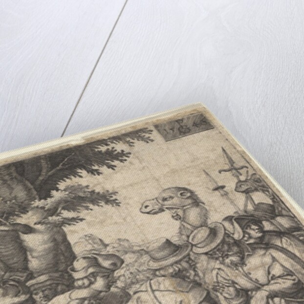 Joseph sold to the merchants: a bearded man grasping Joseph with his left hand receives co…, 1546 by Georg Pencz