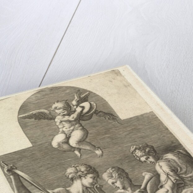 Three Muses and a Putto with Cymbals, a cruciform composition, from a series of eight com…, 1560s by Giorgio Ghisi
