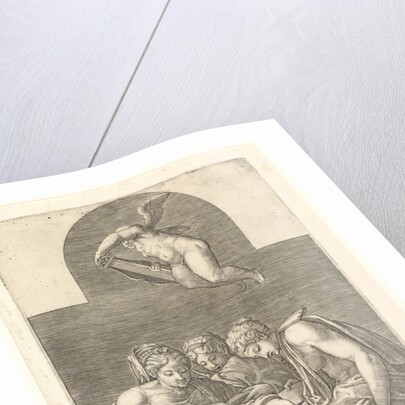 Three Muses and a Putto with a Lyre, a cruciform composition, from a series of eight comp…, 1560s by Giorgio Ghisi