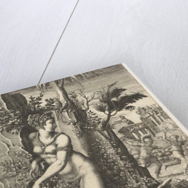 Venus pricked by the thorns on a rose bush, in the background Mars chasing Adonis, in the …, 1556 by Giorgio Ghisi