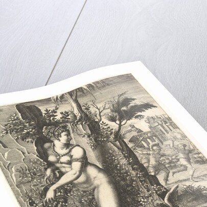 Venus pricked by the thorns on a rose bush, in the background Mars chasing Adonis, in the …, 1556 by Giorgio Ghisi