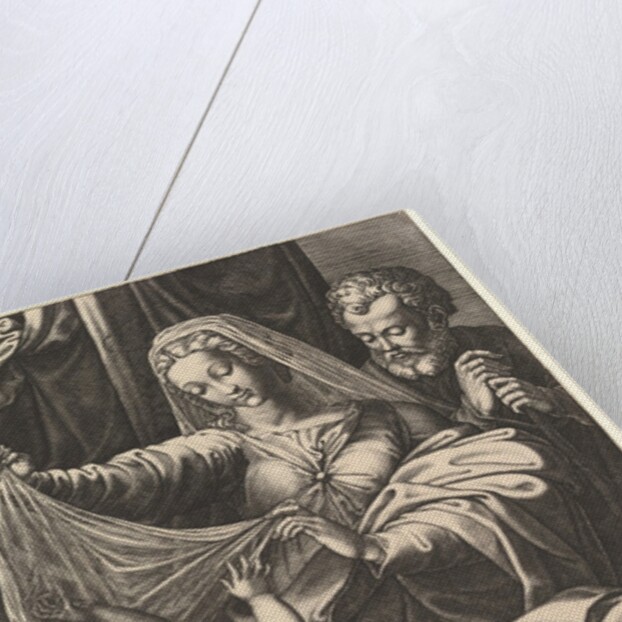 Madonna of Loreto, the Virgin lifts a veil above the Child, who lies on a bed and pillow…, 1575 by Giorgio Ghisi