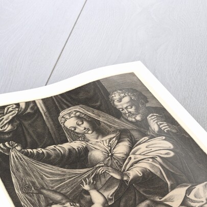 Madonna of Loreto, the Virgin lifts a veil above the Child, who lies on a bed and pillow…, 1575 by Giorgio Ghisi