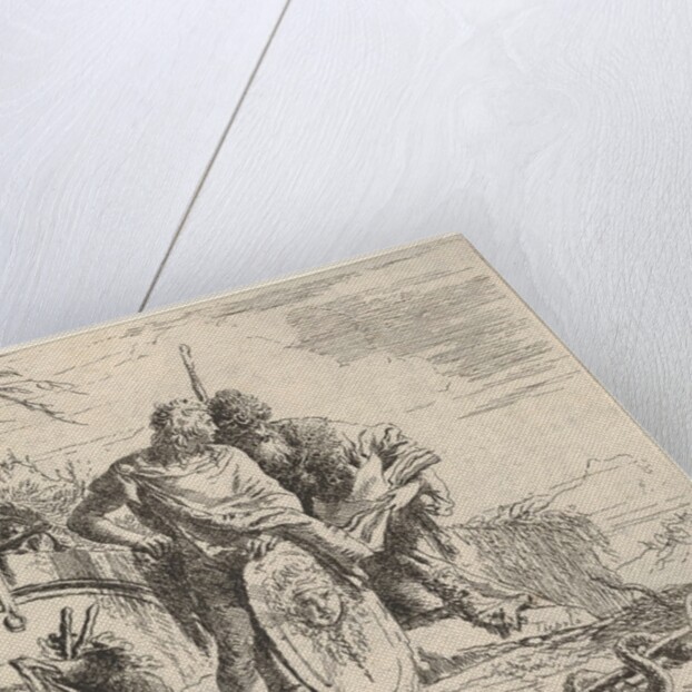 Three figures and a snake coiled around a staff, surrounded by a landscape, the ce…, 18th century by Giovanni Battista Tiepolo