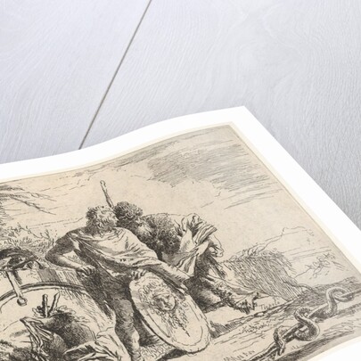 Three figures and a snake coiled around a staff, surrounded by a landscape, the ce…, 18th century by Giovanni Battista Tiepolo