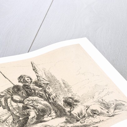 Three soldiers and a youth lying on his abdomen in a landscape, the soldiers bear a…, ca. 1740-42 by Giovanni Battista Tiepolo