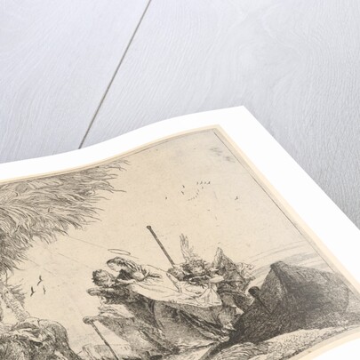 Mary, helped by Joseph and an angel, stepping from a boat to the shore, an angel steadies …, 1753 by David Giovanni