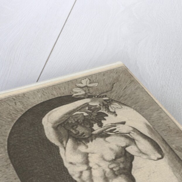 Plate 17: Bacchus standing in a niche, holding grapes over a plate, accompanied by an infa…, 1526 by Giovanni Jacopo Caraglio