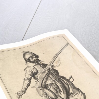 A soldier on guard freeing his right hand, from the Marksmen series, plate 37, in Wapenhandeli… by Unknown