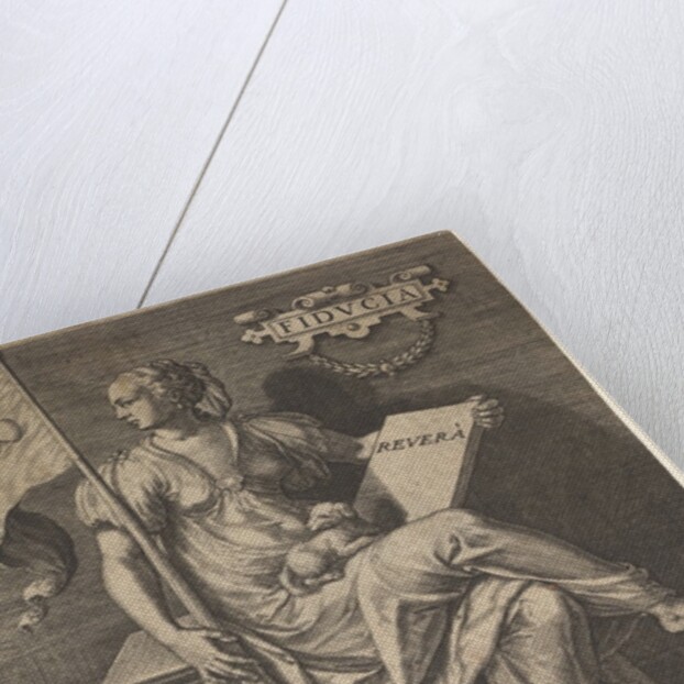 Fiducia, a seated woman holds a book and banner while turning her head away from a bare-br…, 1579 by Johann Sadeler I