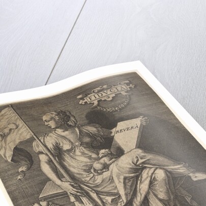 Fiducia, a seated woman holds a book and banner while turning her head away from a bare-br…, 1579 by Johann Sadeler I