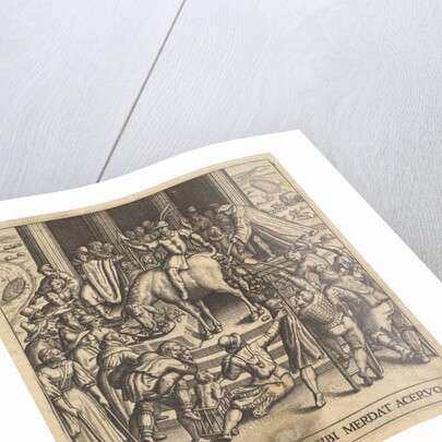 Men collecting dung dropping from the hindquarters of a mule, with a rider sitting ba…, 1592-1614 by Johann Theodor de Bry