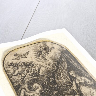 Annunciation, Mary kneels at a lectern as Gabriel approaches on a cloud from the …, ca. 1580-1600 by Johann Theodor de Bry