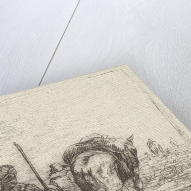 Pack-horse, seated man with staff in right hand, and dog, all viewed from the rear…, ca. 1641-78 by Karel Du Jardin