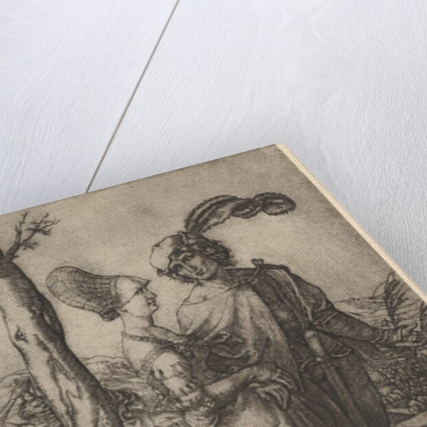 Lord and lady walking with figure of death hiding behind a tree, holding an hourg…, ca. 1500-1534 by Marcantonio Raimondi