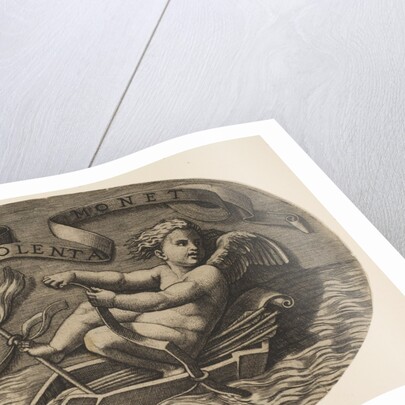 Eros escaping by sea using his bow to propel a boat made from his quiver with an ar…, ca. 1515-27 by Marco Dente