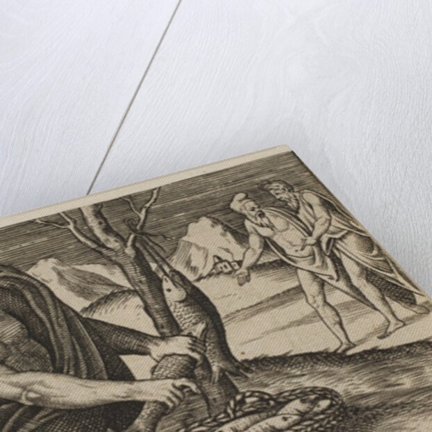 A man kneeling next to a basket of fish and taking one with both hands, two men at …, ca. 1515-27 by Marco Dente