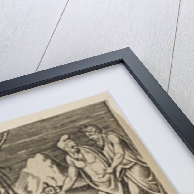 A man kneeling next to a basket of fish and taking one with both hands, two men at …, ca. 1515-27 by Marco Dente