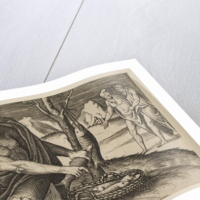 A man kneeling next to a basket of fish and taking one with both hands, two men at …, ca. 1515-27 by Marco Dente