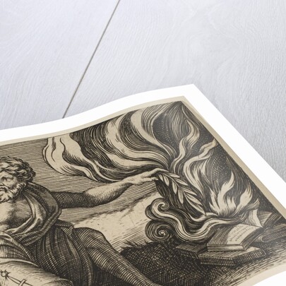 A man kneeling and placing a laurel branch upon a pile of burning books, ca. 1515-27 by Marco Dente