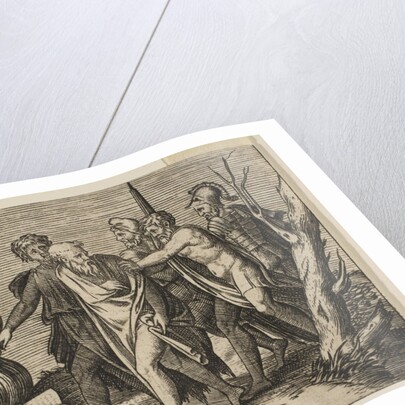 A group of men at right pushing philosophers toward a fire with burning books at th…, ca. 1515-27 by Marco Dente (attributed to)