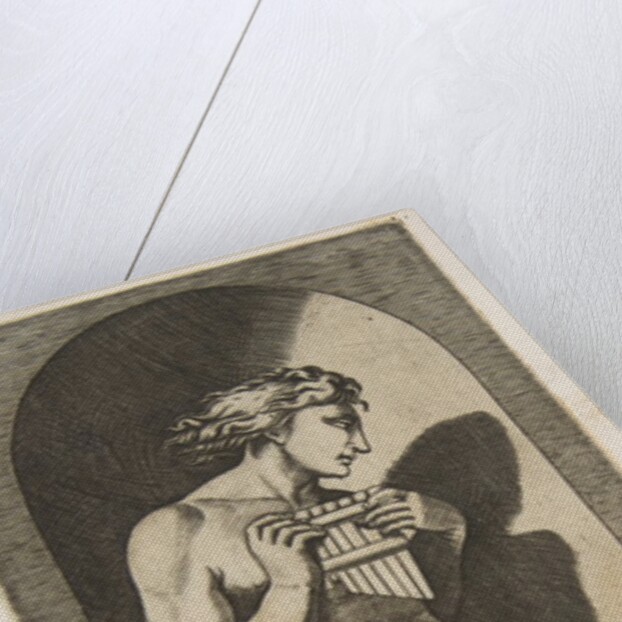 Olympus naked seated on a tree stump holding pipes, set within a niche, ca. 1515-27 by Marco Dente