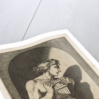 Olympus naked seated on a tree stump holding pipes, set within a niche, ca. 1515-27 by Marco Dente